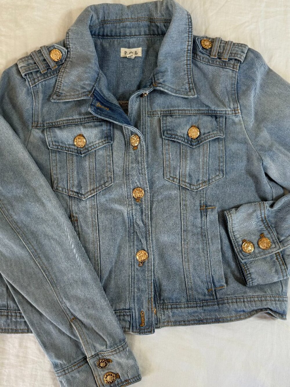 POL Cropped Denim Military Jacket w/ Gold Crest Buttons Inspired by Balmain Sz M